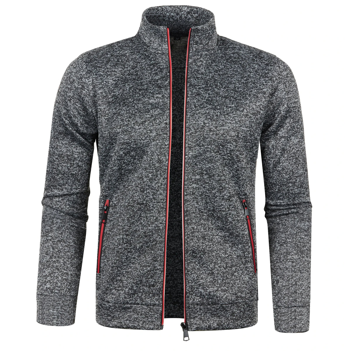 Brown long men's sweater by Corporación Turística with zipper closure and color block design, made of warm fleece fabric.