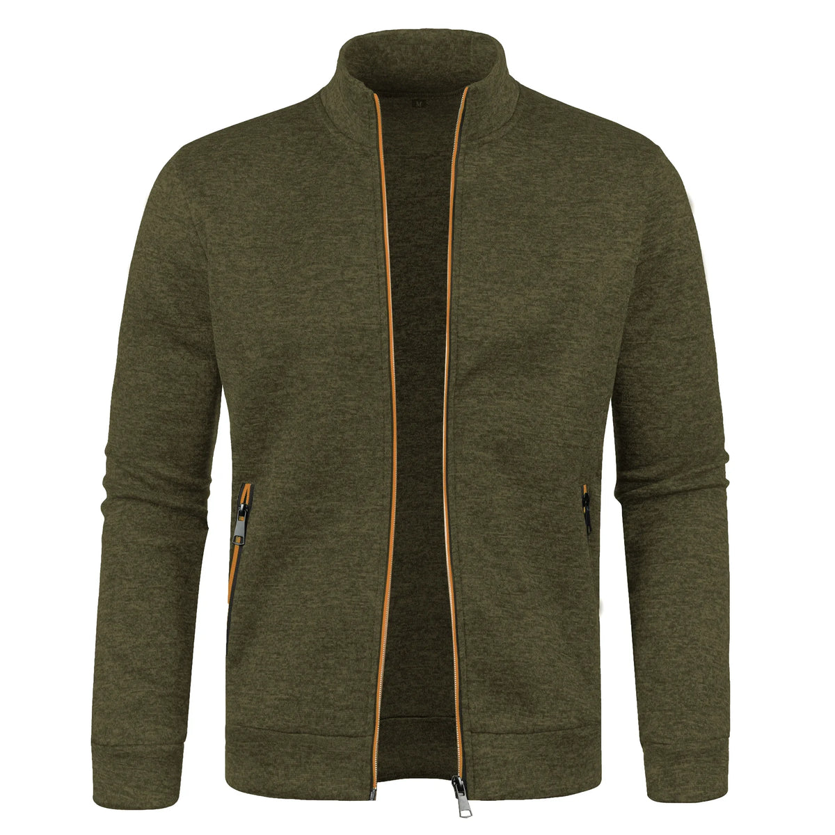 Long men's sweater by Corporación Turística featuring a color block design, zipper closure, warm fleece material, and a fitted winter style.