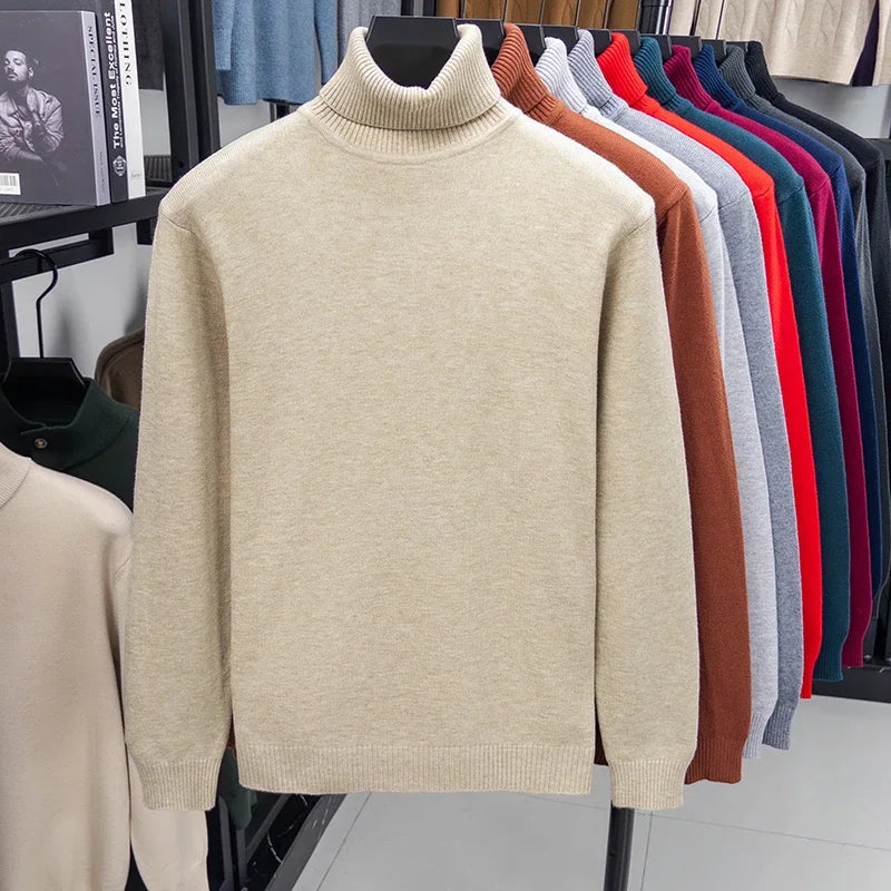 Blue men's turtleneck sweater by Corporación Turística, high collar, warm knit, premium quality for fall and winter.