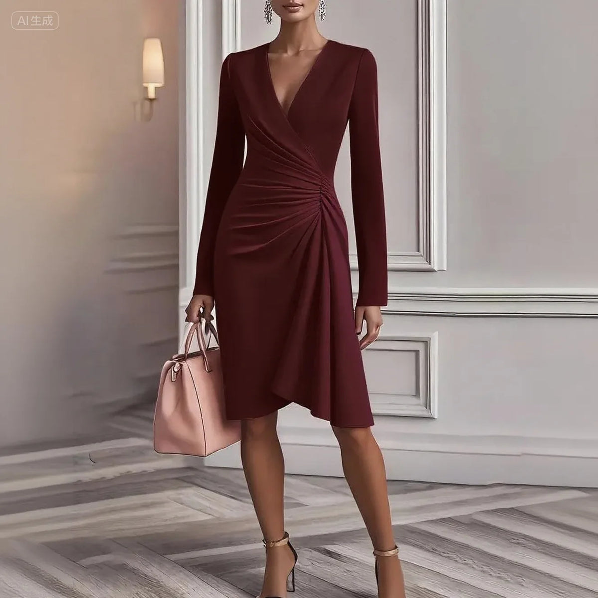 Vestido Midi Elegante Mujer Cuello V Negro Ajustado 2025 (Tallas S-XXL) - Corporación Turística