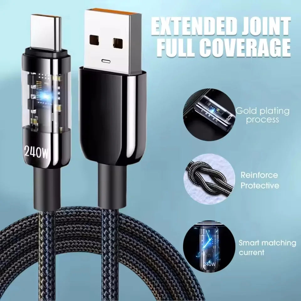 Cable USB C 240W Nylon Carga Rápida LED DAINU – Carga Ultra Veloz - Corporación Turística