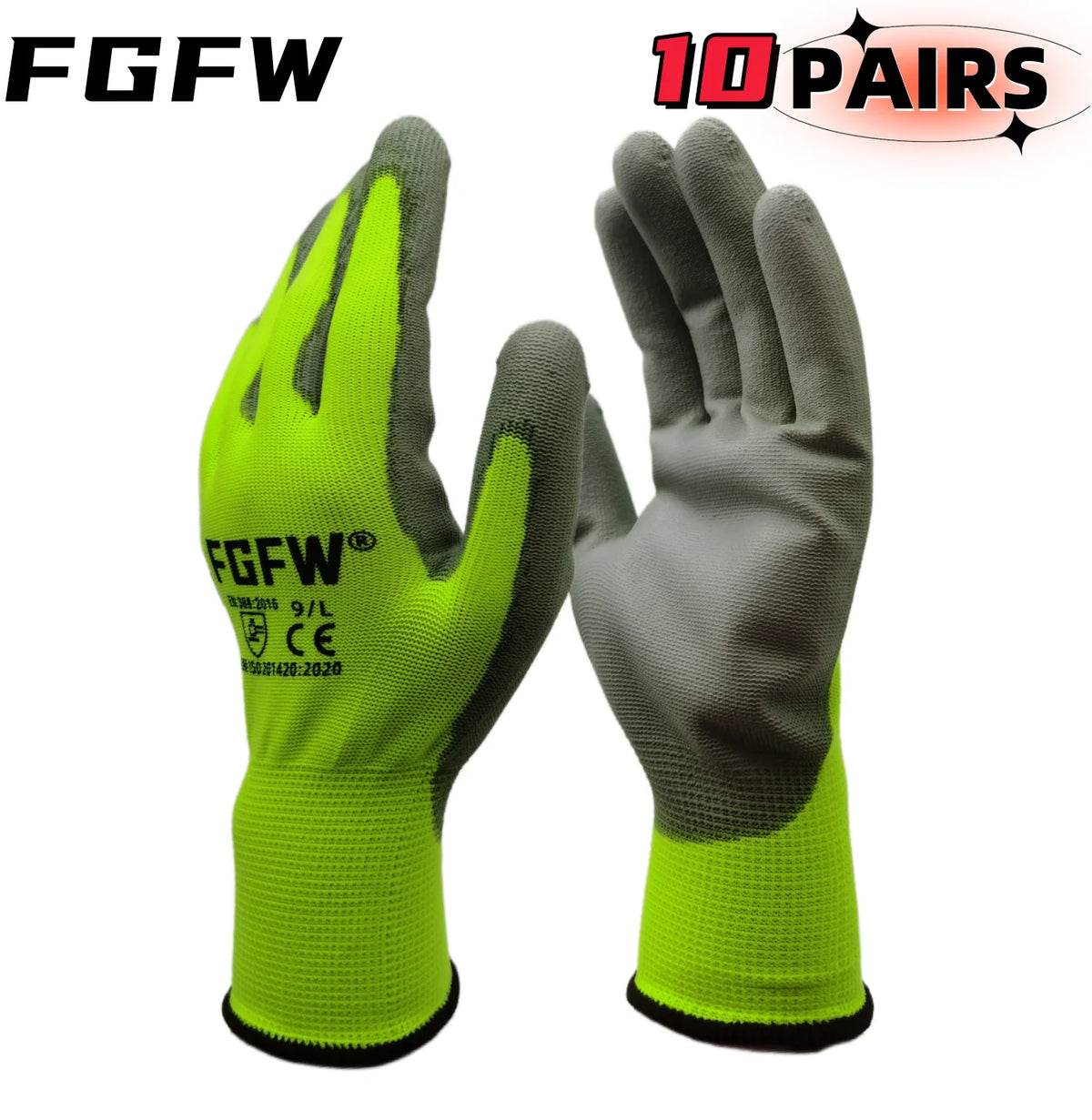 10 Pares Guantes Trabajo PU Certif. EN 388/ISO20471 Seguridad Tallas S-XL - Corporación Turística