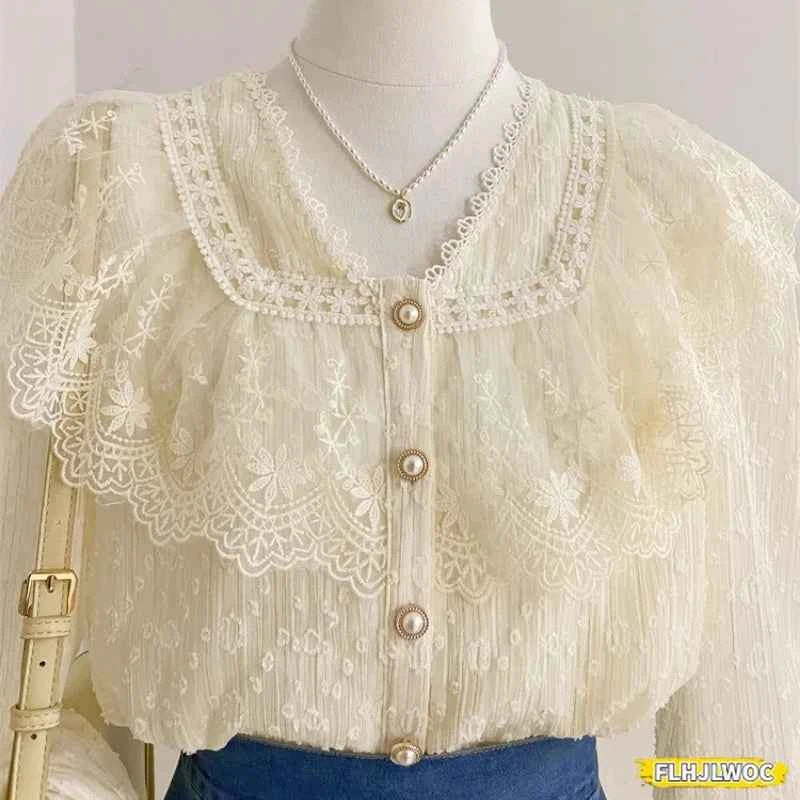 Blusa Blanca Volantes Elegante Manga Larga Mujer Oficina FLHJLWOC