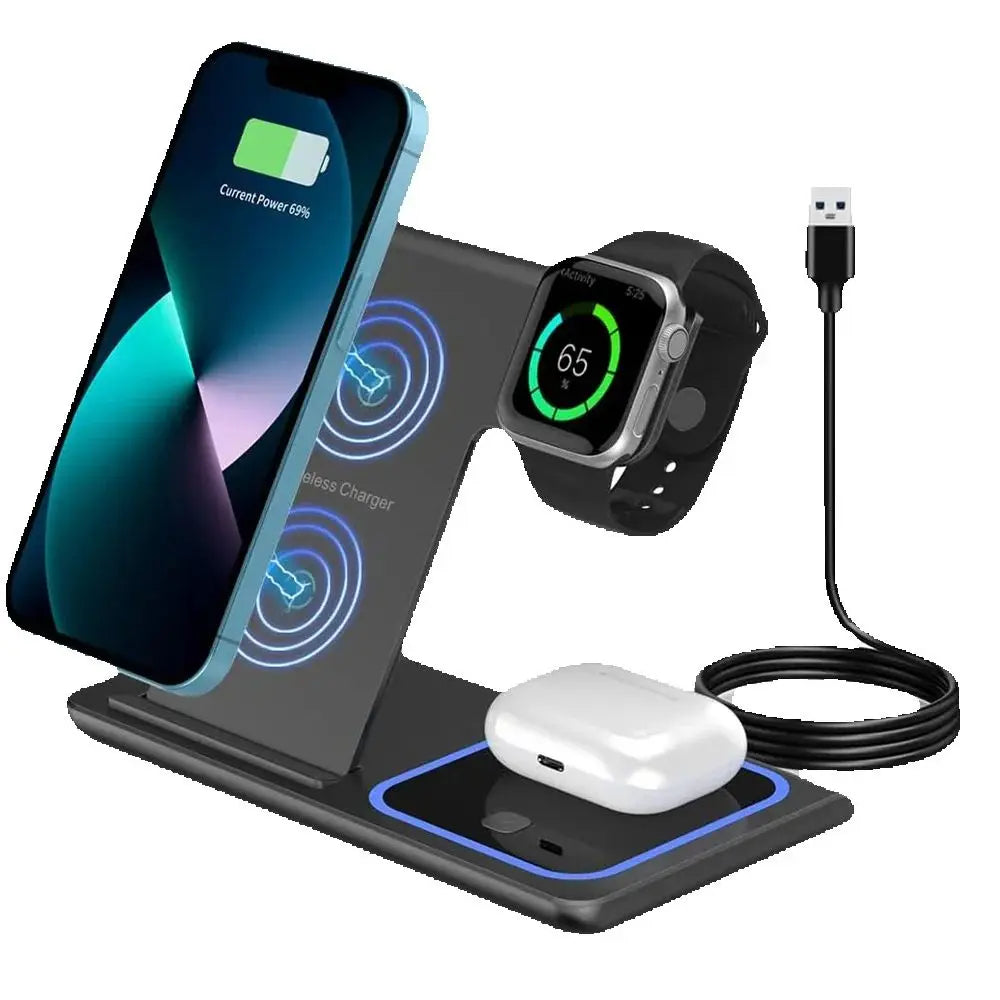 Cargador Inalámbrico 3 en 1 15W GEKEMAL para iPhone, iWatch, AirPods