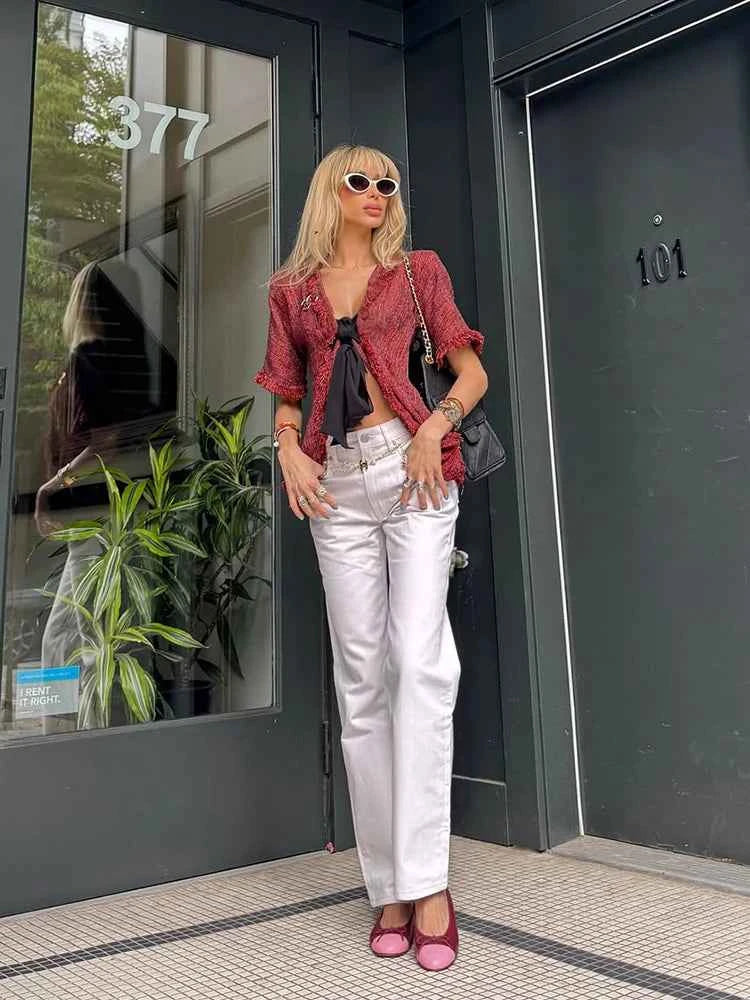 Blusa Vintage Flecos Cuello V Verano 2026 Chic Dama
