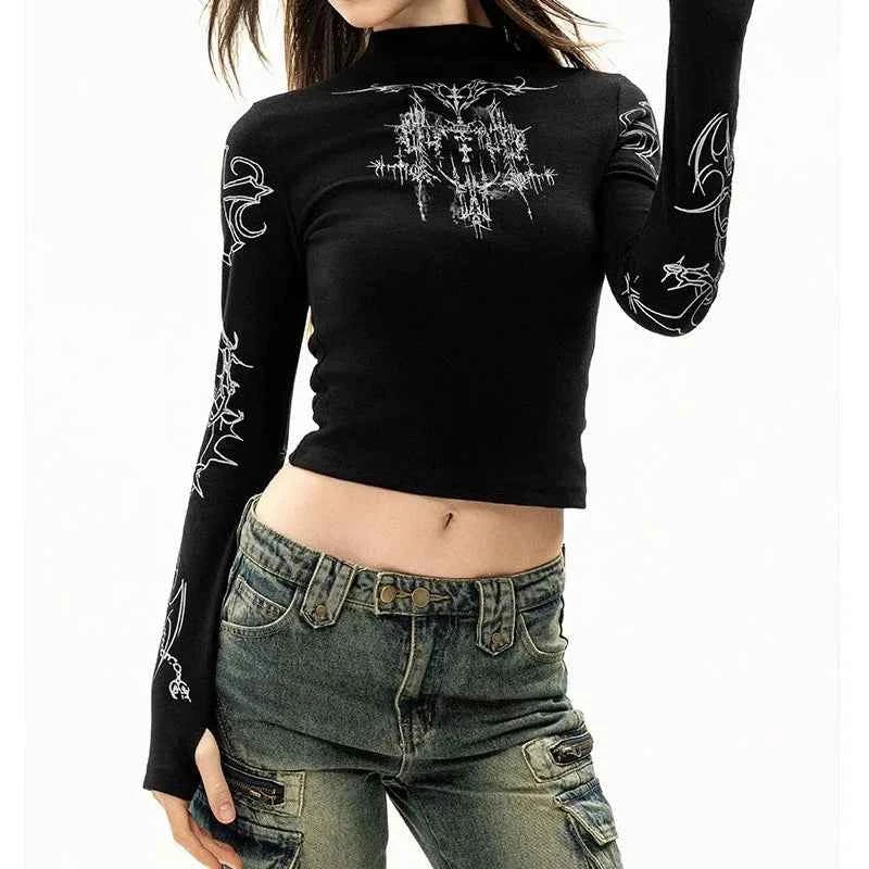 Camiseta Grunge Y2K Mujer Cuello Alto Gráfica - Estilo Emo Punk