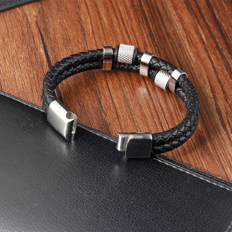 Pulsera Trenzada Hombre Cuero Acero Magnético JIAYUPENG