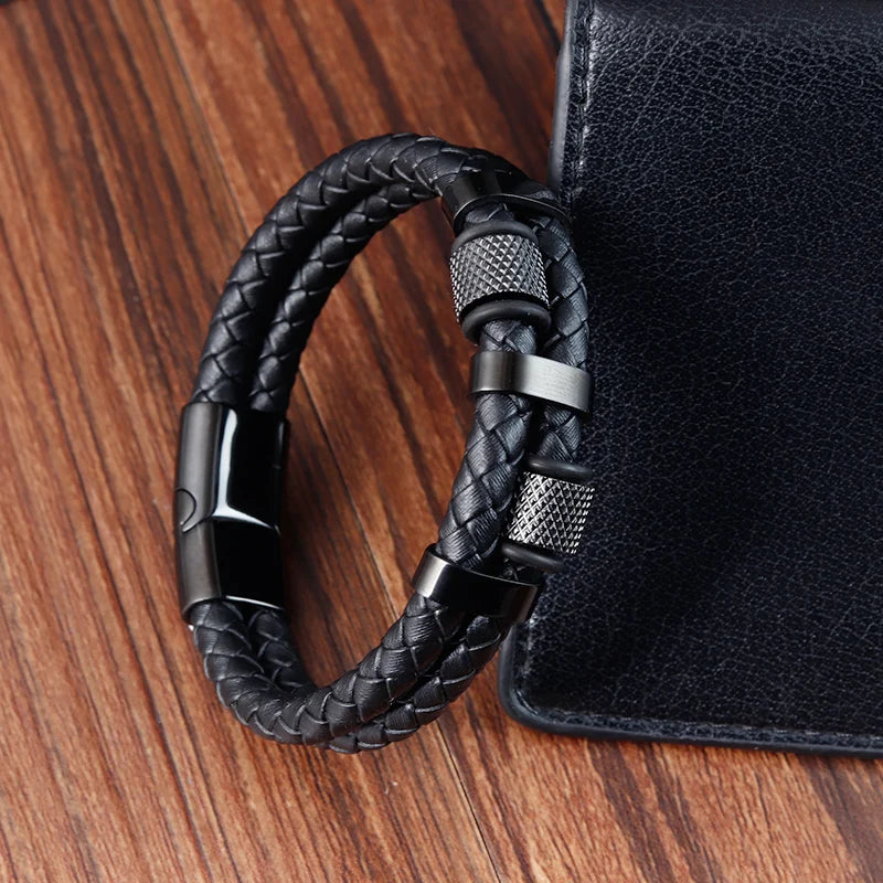 Pulsera Trenzada Hombre Cuero Acero Magnético JIAYUPENG