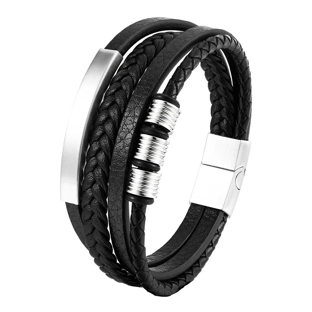 Pulsera Trenzada Hombre Cuero Acero Magnético JIAYUPENG