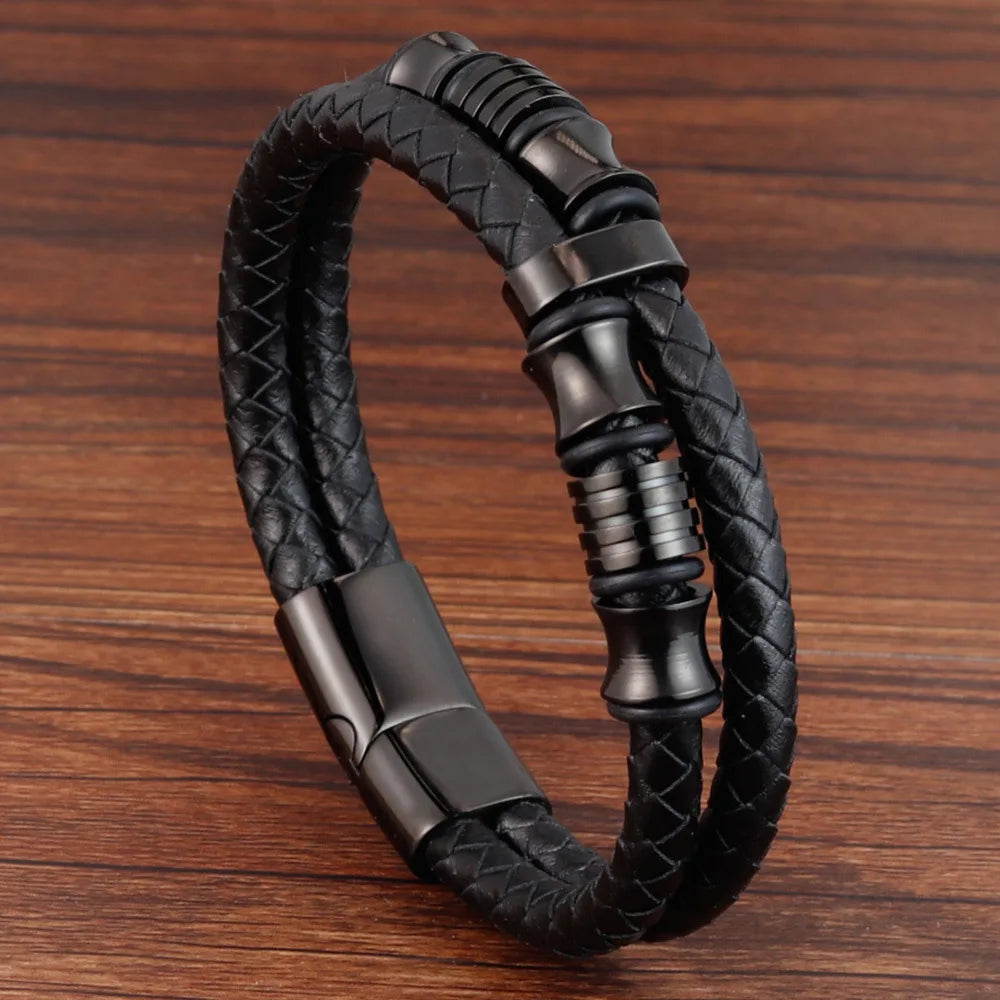 Pulsera Trenzada Hombre Cuero Acero Magnético JIAYUPENG
