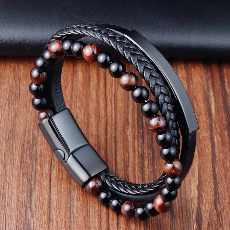 Pulsera Trenzada Hombre Cuero Acero Magnético JIAYUPENG