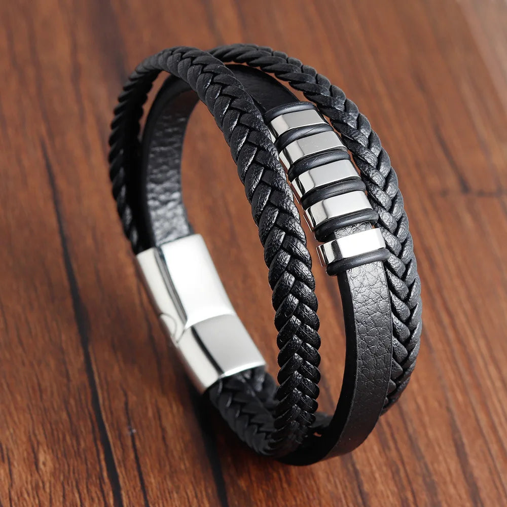 Pulsera Trenzada Hombre Cuero Acero Magnético JIAYUPENG