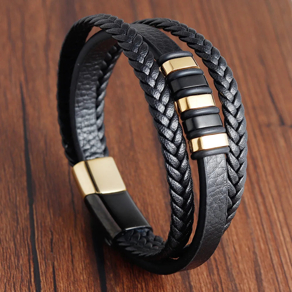 Pulsera Trenzada Hombre Cuero Acero Magnético JIAYUPENG