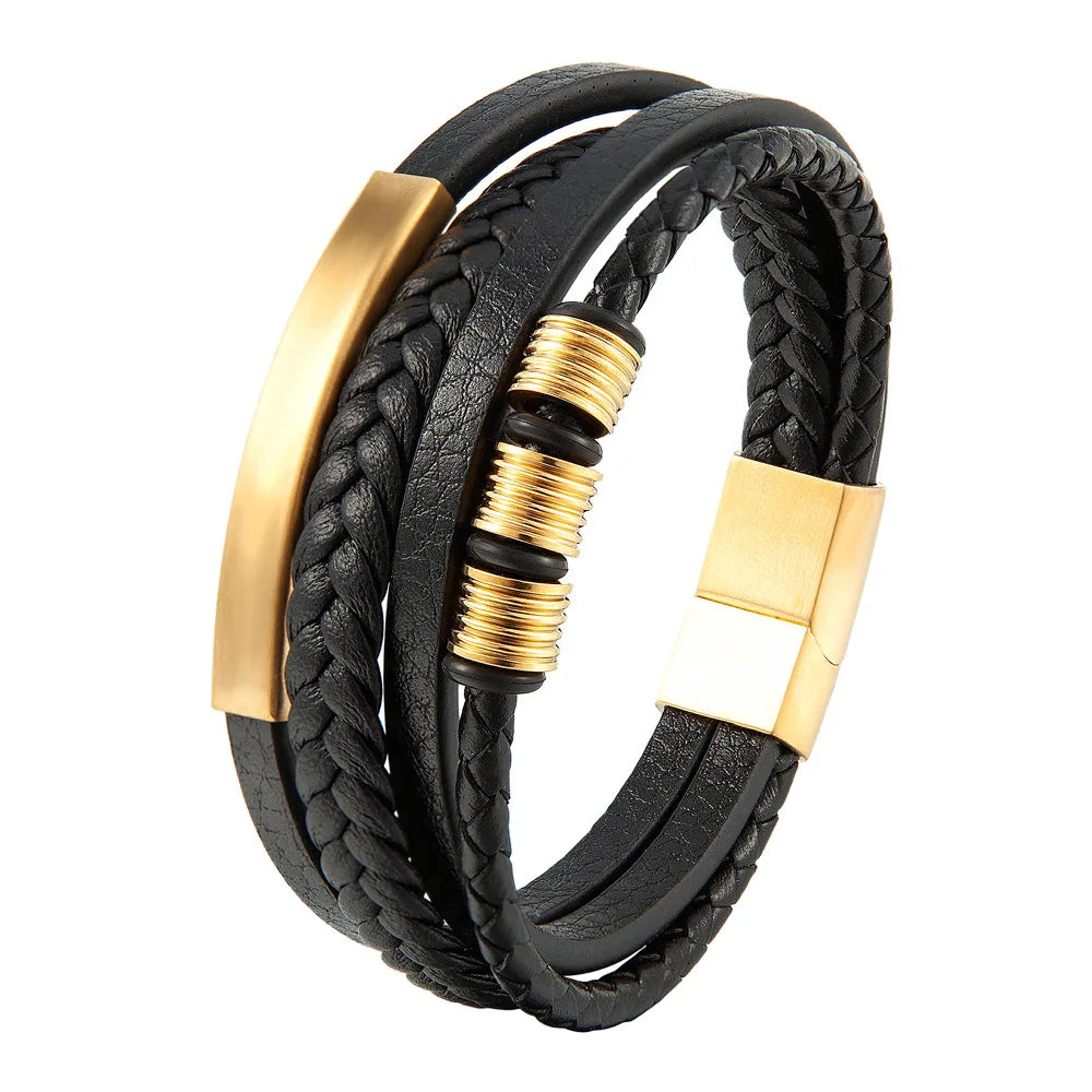 Pulsera Trenzada Hombre Cuero Acero Magnético JIAYUPENG