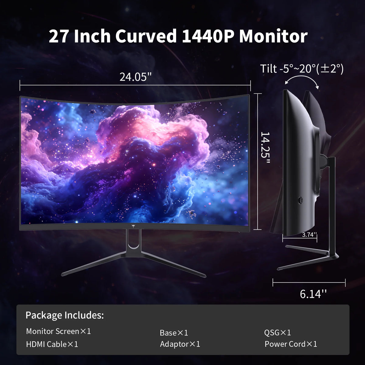 KTC 27-inch curved gaming monitor with QHD display, 144Hz refresh rate, HDR400, HVA panel, and adaptive sync technology.