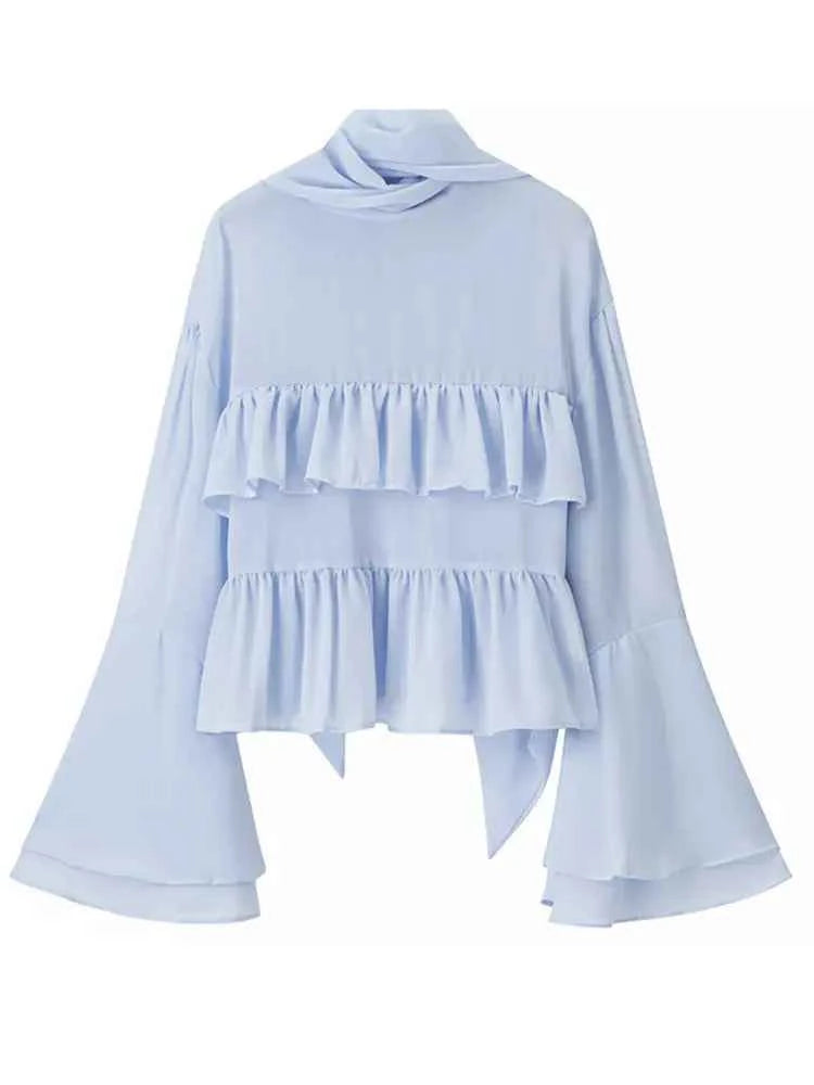Blusa Gasa Azul Vintage Mujer 2026: Mangas Holgadas con Volantes