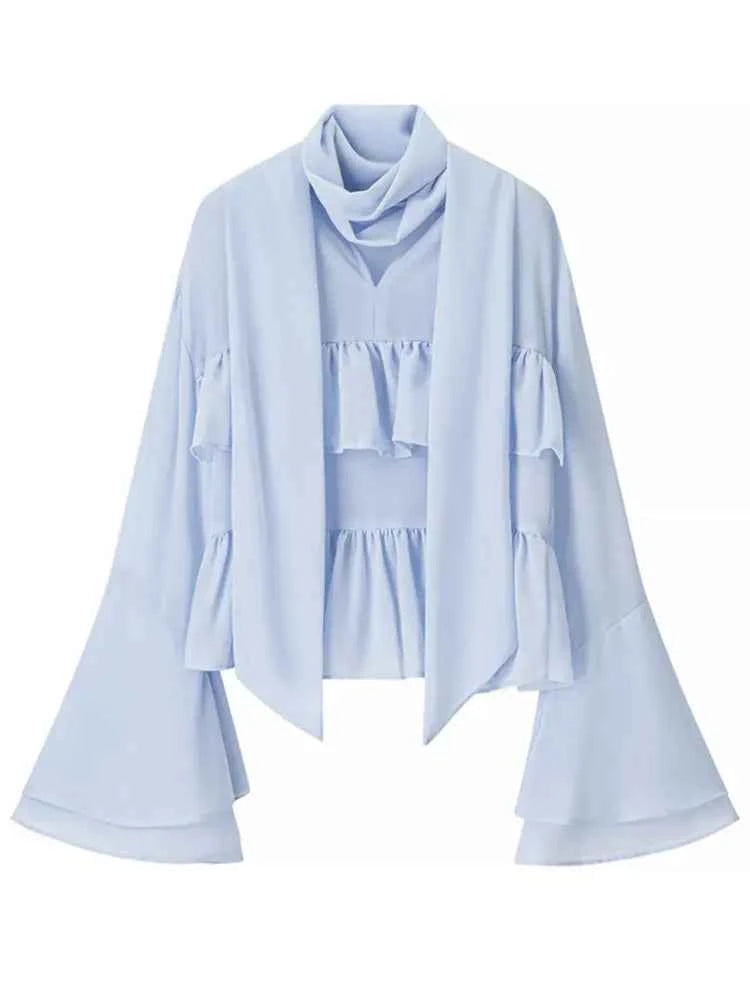 Blusa Gasa Azul Vintage Mujer 2026: Mangas Holgadas con Volantes