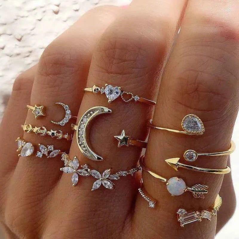 Conjunto Anillos Bohemios Circon: Modyle Oro 18K - Regalo Boda Mujer