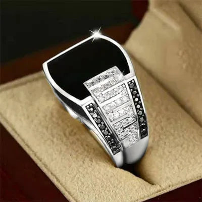 Anillo Punk Piedra Negra Hombre | Circonita Dorada | Lujo Boda Compromiso