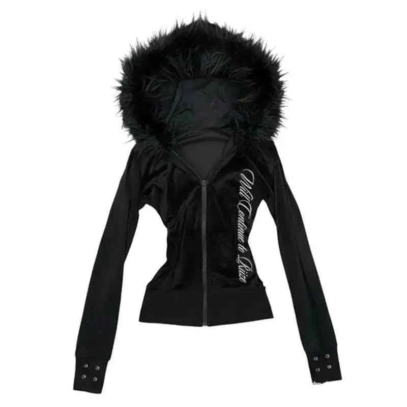 Black Nowsaa punk hoodie for women, vintage urban style with a comfortable hood, casual streetwear for modern fashion.