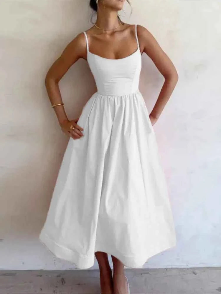 Vestido Midi Rosa Vacaciones Mujer 2026 Elegante Tirantes Finos Línea A