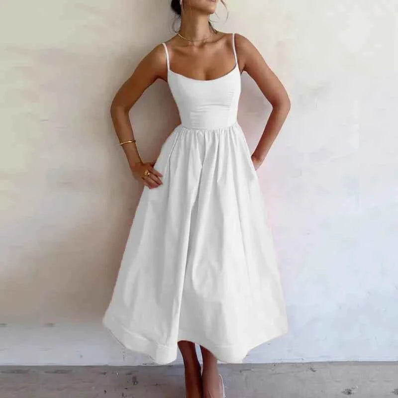 Vestido Midi Rosa Vacaciones Mujer 2026 Elegante Tirantes Finos Línea A