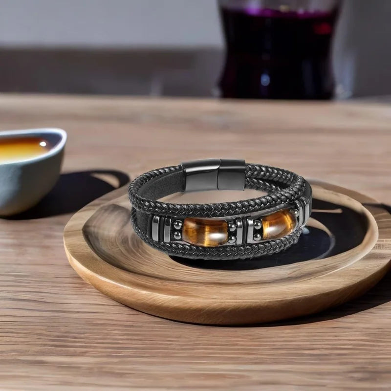 Pulsera Cuero Negro Ojo Tigre Hombre - RUIYI Protección y Estilo