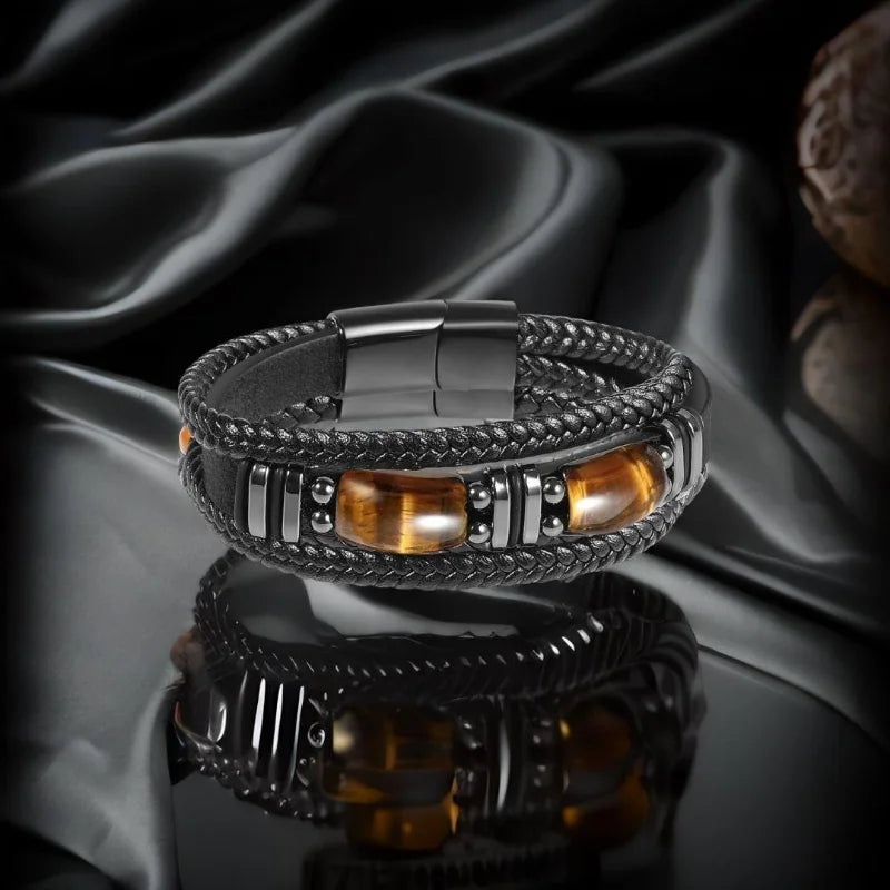 Pulsera Cuero Negro Ojo Tigre Hombre - RUIYI Protección y Estilo