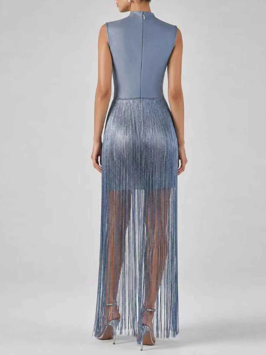 VGH Vestido Noche Azul Cuello Alto Flecos Midi Fiesta Elegante