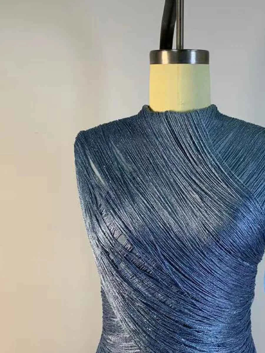 VGH Vestido Noche Azul Cuello Alto Flecos Midi Fiesta Elegante
