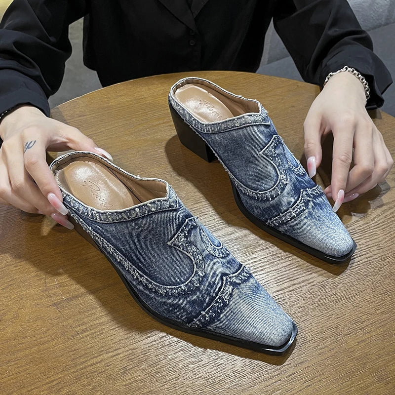 LazySeal-Zapatillas de tela vaquera con tacón cuadrado pa...