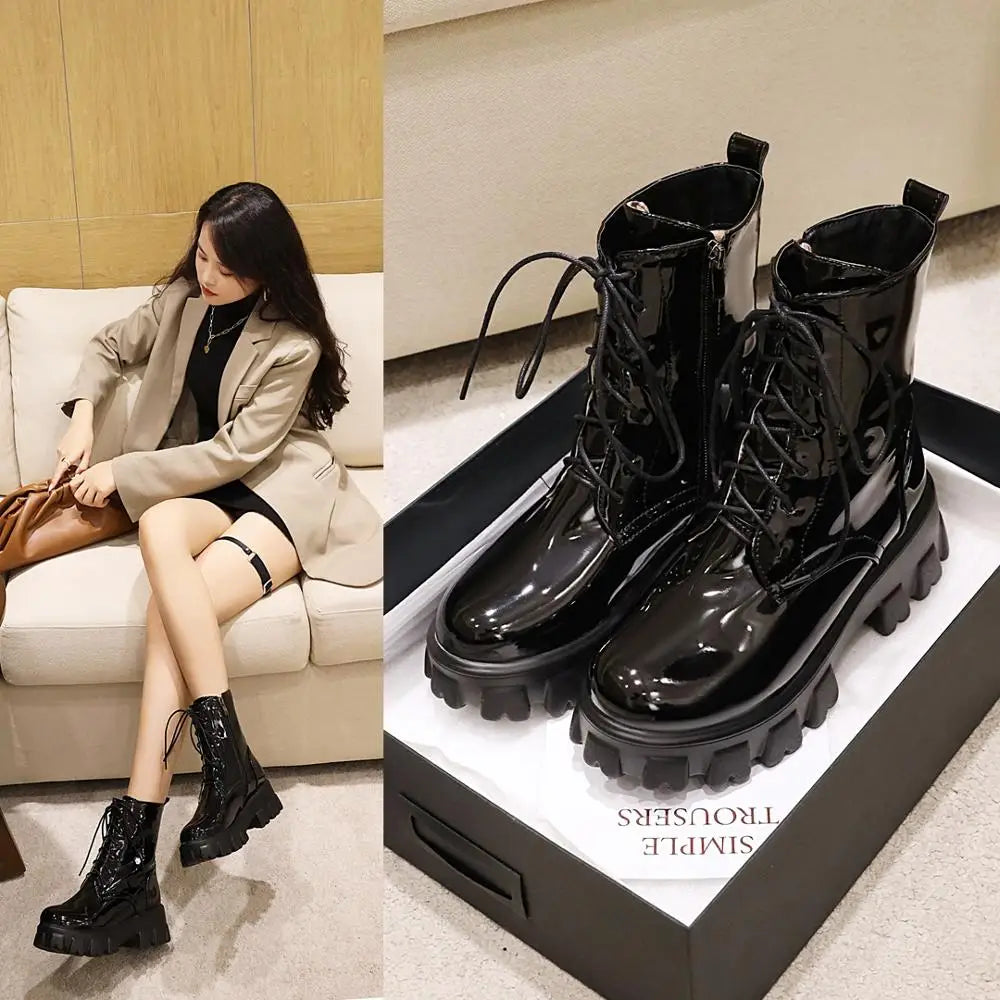 Botas de mujer, zapatos de plataforma de charol, botines ...