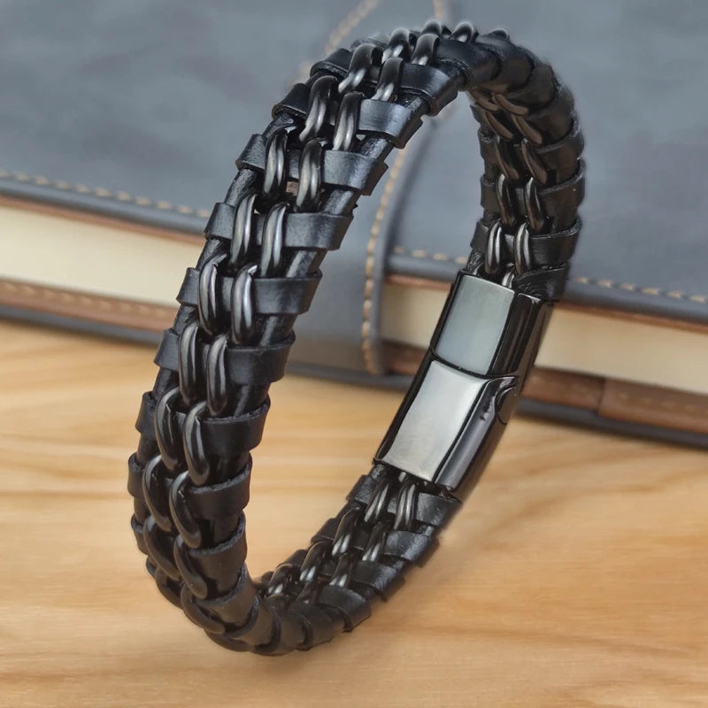 Pulsera de Cadena de Cuero Genuino para Hombre con Cierre...
