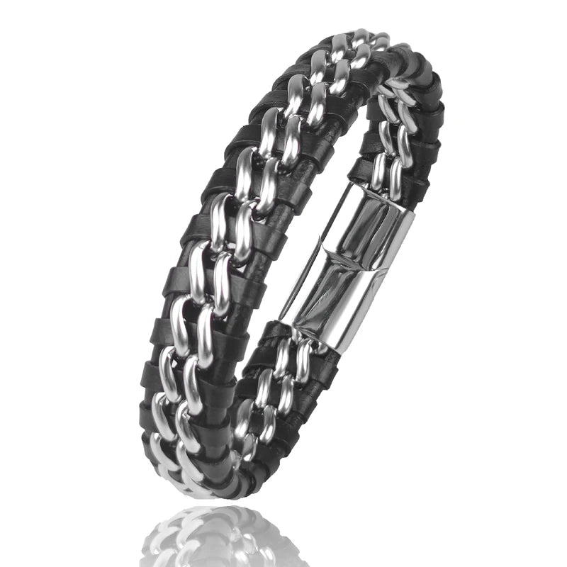 Pulsera de Cadena de Cuero Genuino para Hombre con Cierre...