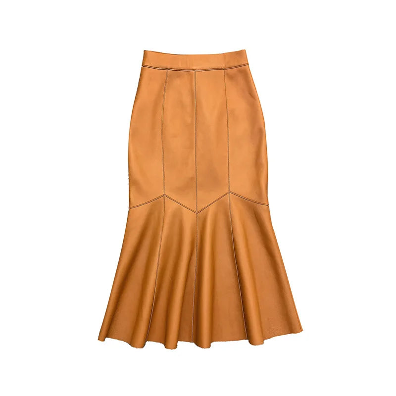 Falda Midi de Piel de Oveja de Cintura Alta para Mujer, D...