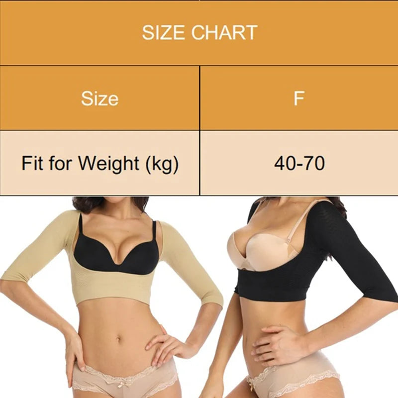 Woman wearing Corporación Turística slimming arm shaper, seamless undergarment for slimming and shaping the arms.