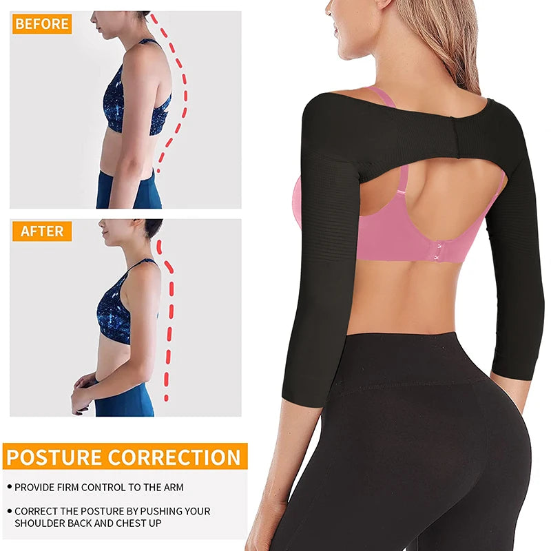 Woman wearing slimming arm shaper moldador de brazo para mujer, ropa interior adelgazante, designed to shape and support the arms.