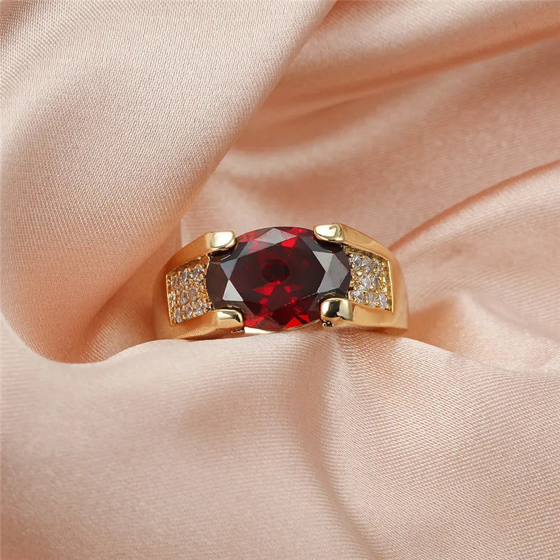 Anillo de cristal rojo con circonita ovalada de lujo para...