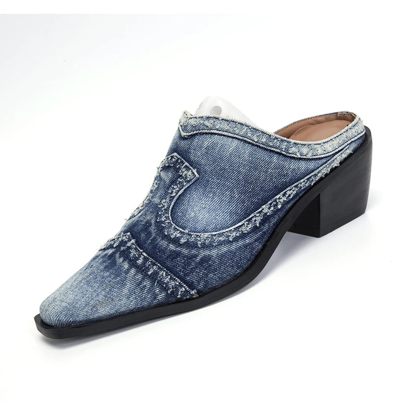 LazySeal-Zapatillas de tela vaquera con tacón cuadrado pa...