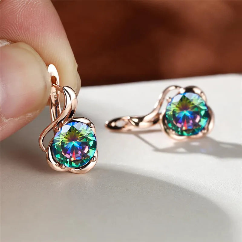 Rainbow cubic zirconia floral mystical earrings featuring colorful flower designs, showcasing vibrant, sparkling jewelry.
