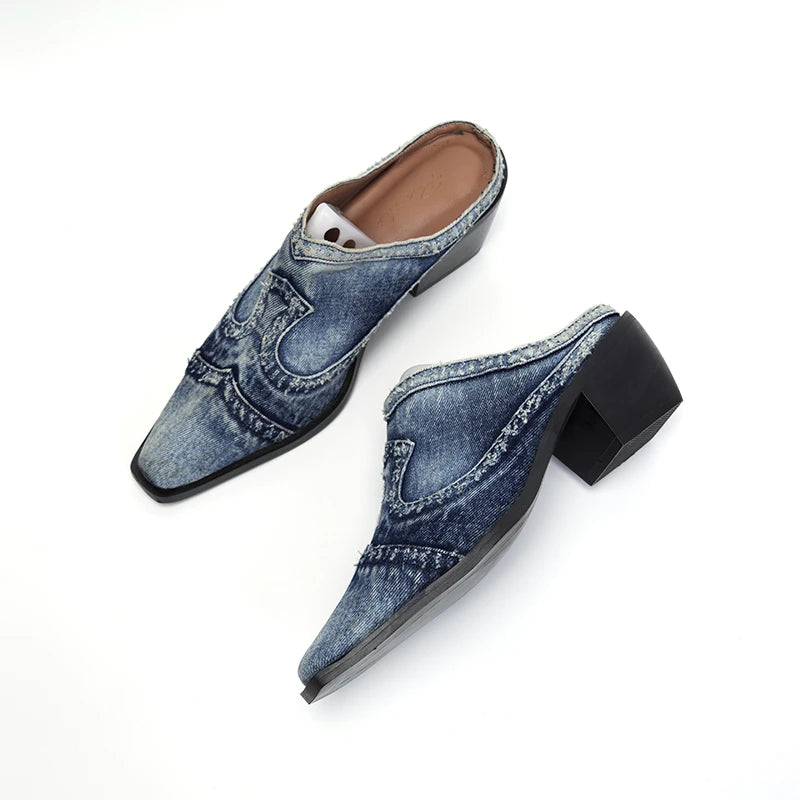 LazySeal-Zapatillas de tela vaquera con tacón cuadrado pa...