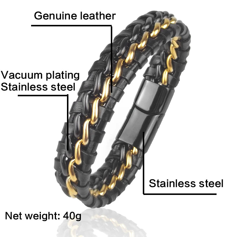 Pulsera de Cadena de Cuero Genuino para Hombre con Cierre...