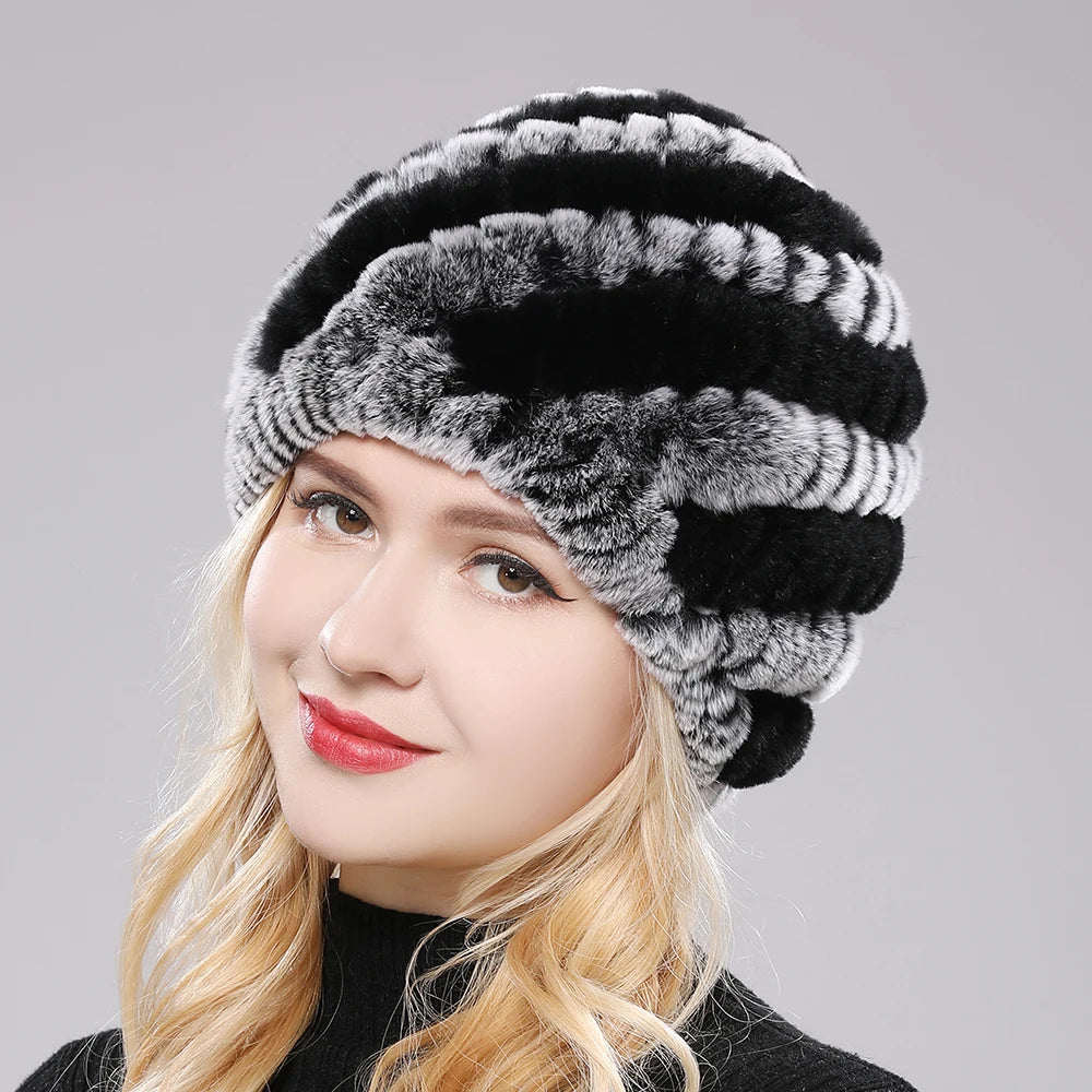 Gorro de piel de conejo Rex auténtica cálido para mujer, ...