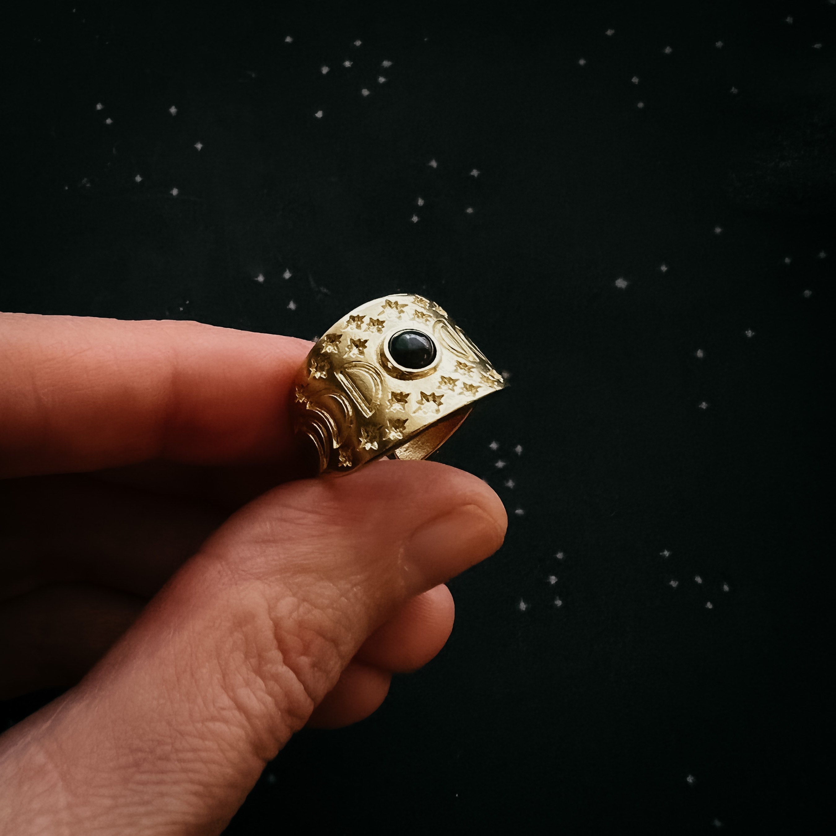 Eclipse Ring with Moon Phases and Black Opal