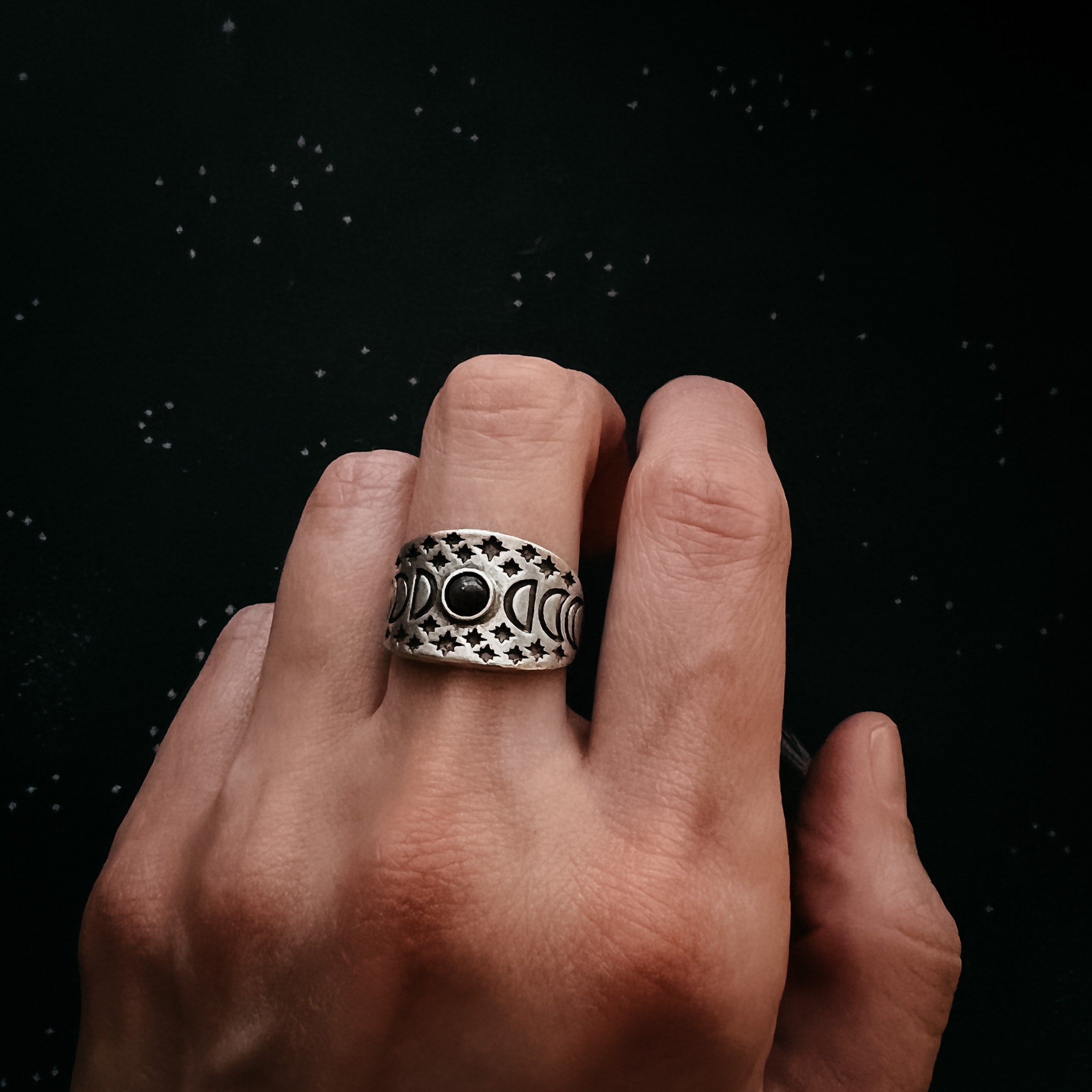 Eclipse Ring with Moon Phases and Black Opal