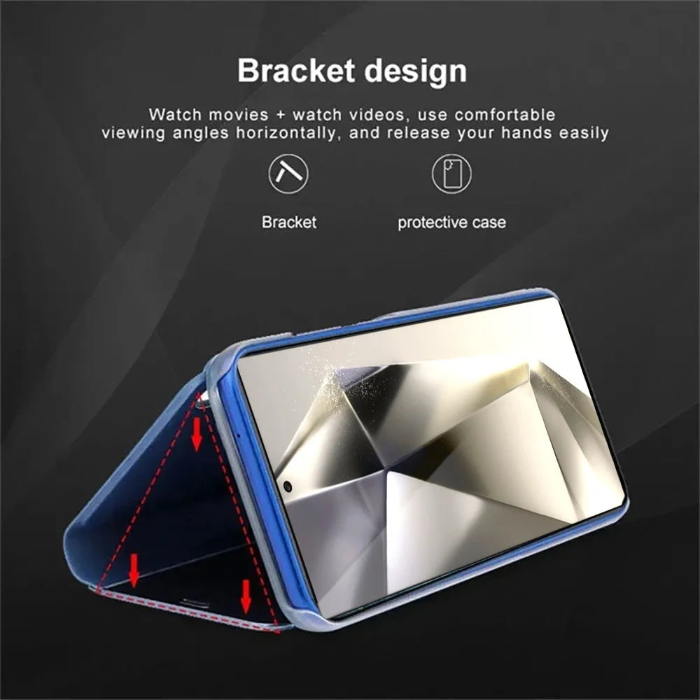 Leather flip phone case with mirror for Samsung smartphones, featuring a sleek design and protective cover by Corporación Turística.