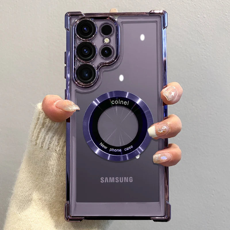 Luxury magnetic phone case with wireless charging for Samsung smartphones, featuring a sleek design and secure magnetic closure.