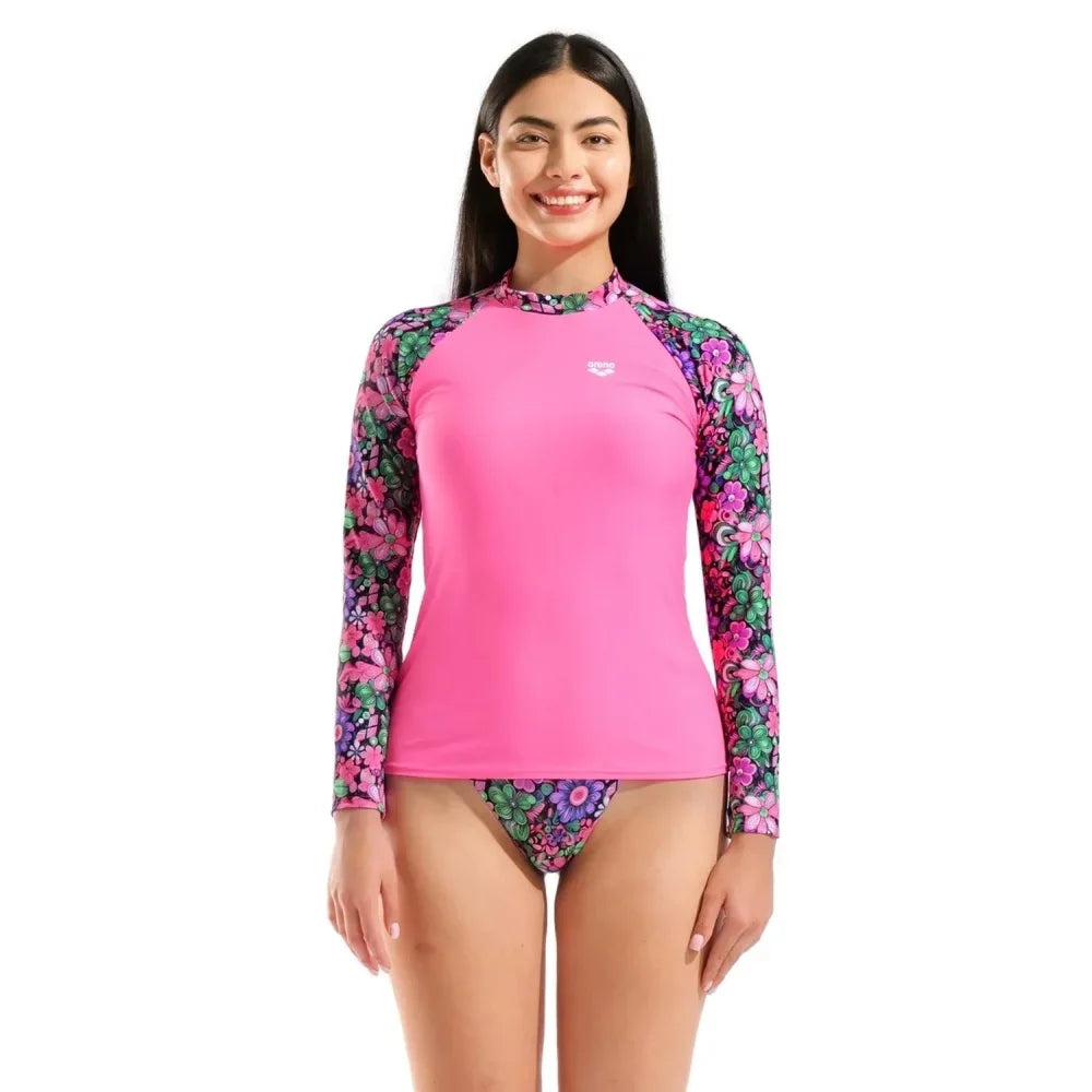 Long-sleeve high-elasticity women's T-shirt by Corporación Turística, shown in black with snug fit and smooth fabric.