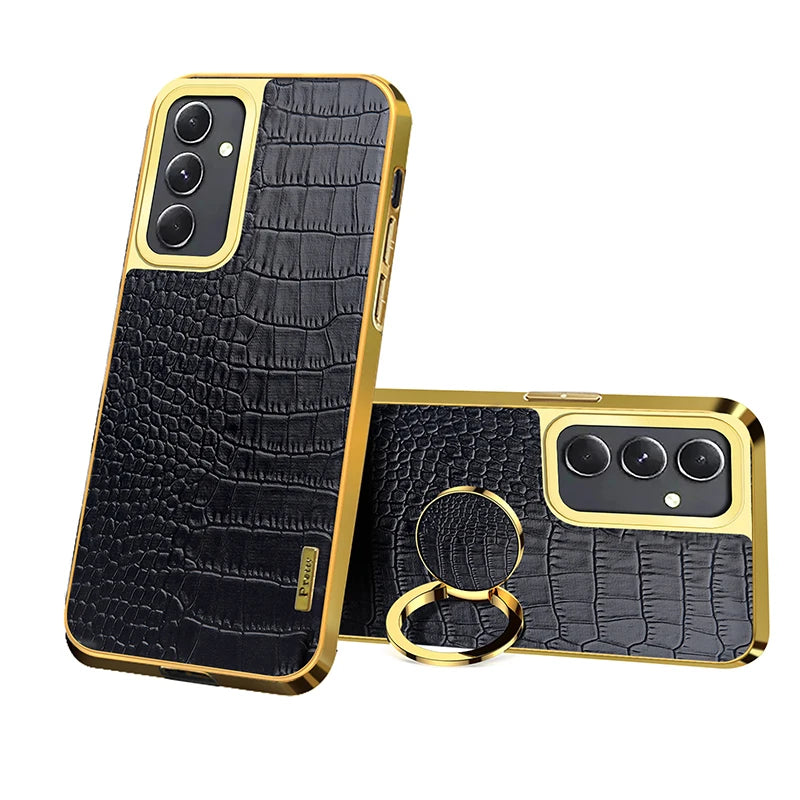 Leather phone case with 360° rotating ring from Corporación Turística, showing a close-up of the brown leather exterior and ring attachment.