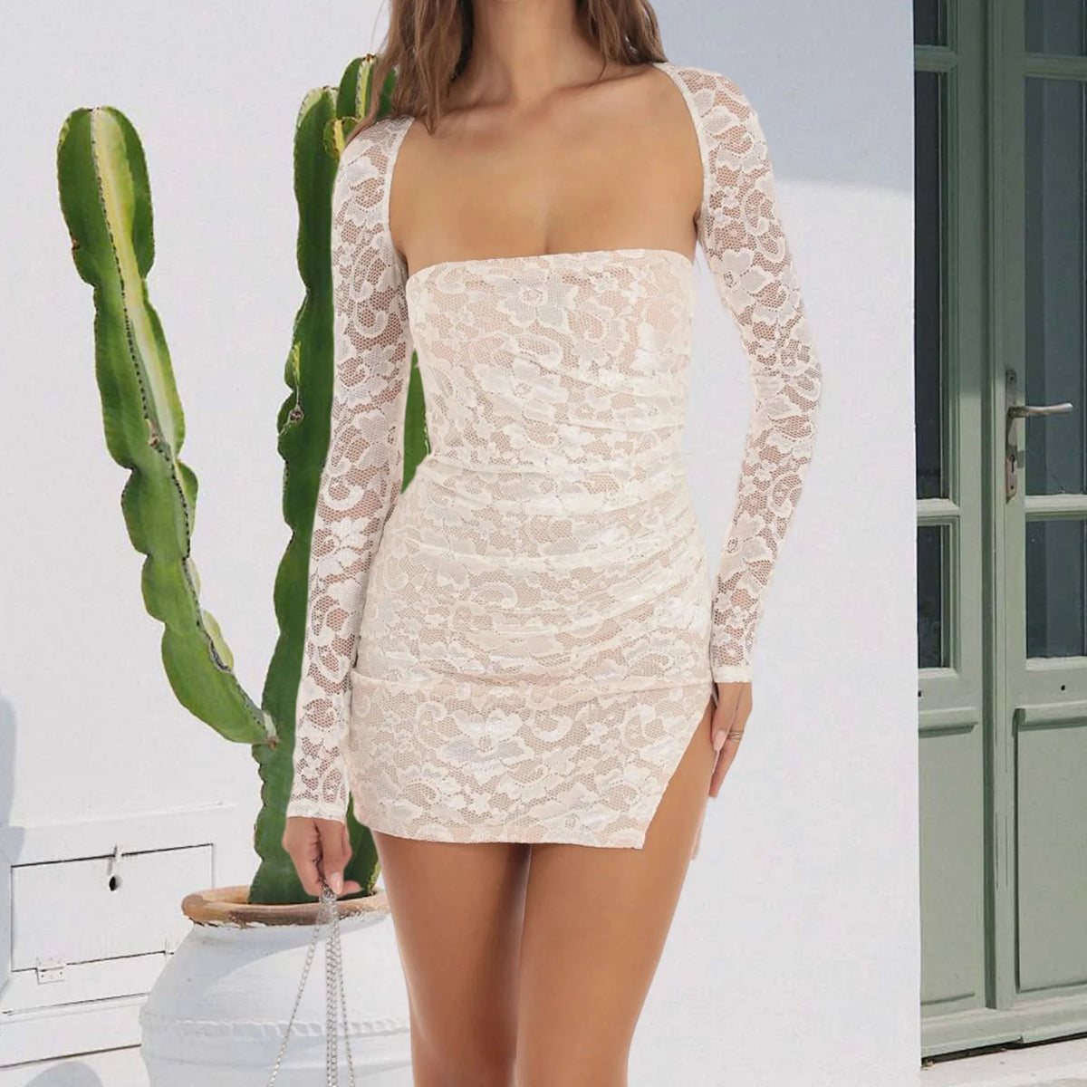 Vestido ajustado con abertura de encaje para mujer, miniv...